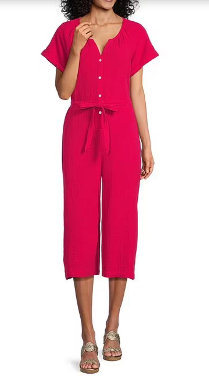 Coral Isle Belted Cotton Jumpsuit In Bright Rose