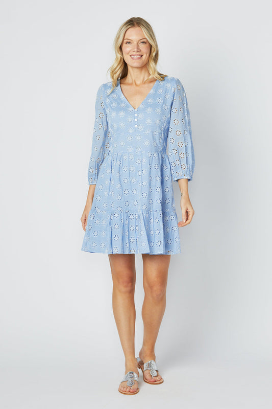 Floral Eyelet Button Front Puff Sleeve Dress