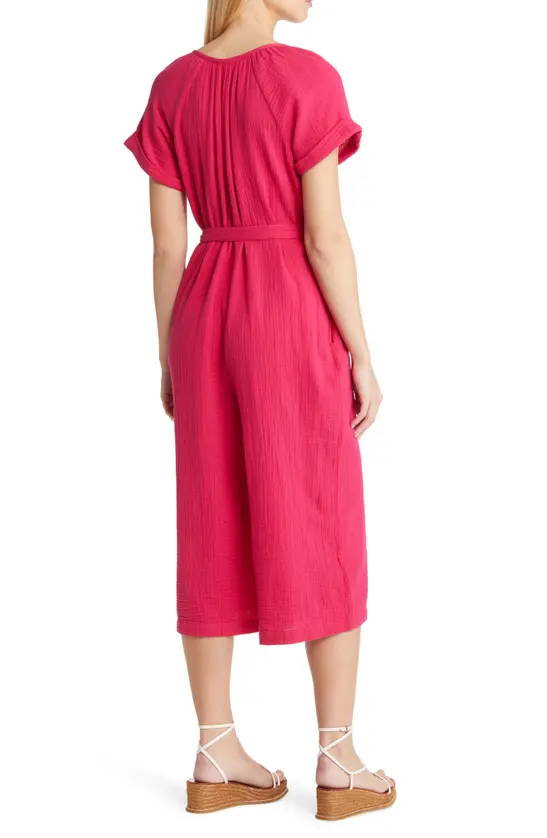 Coral Isle Belted Cotton Jumpsuit In Bright Rose